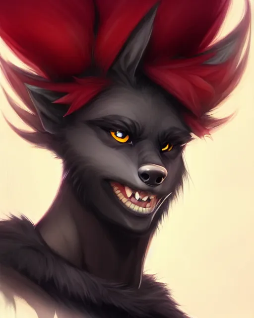 Image similar to character concept art of a black anthropomorphic furry male wolf with red hair | | handsome - fine - face, pretty face, key visual, realistic shaded perfect face, fine details by stanley artgerm lau, wlop, rossdraws, james jean, andrei riabovitchev, marc simonetti, and sakimichan, trending on artstation