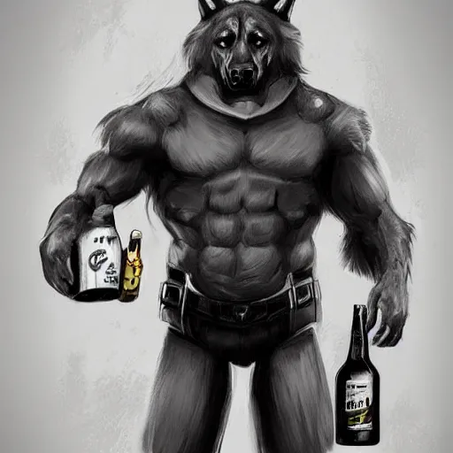 Prompt: a humanoid german shepherd beast - man in soccer style, holding a bottle of beer, artstation, concept art, smooth, sharp foccus ilustration, artstation