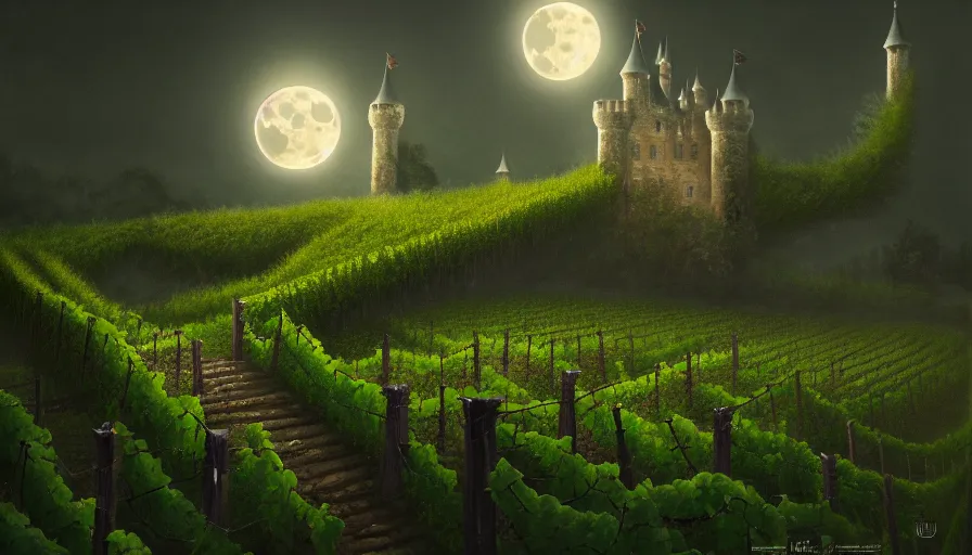 Image similar to a castle with legs walking, vines, forest, hyperrealistic, highly detailed, cinematic, single ray of moon, dark sky, beautiful, cgssociety, artstation, 8 k, oil painting