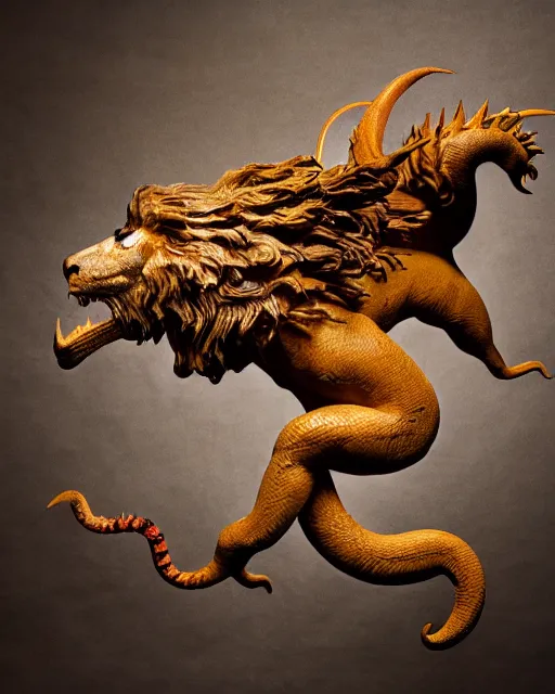 Prompt: photographs of a mythical manticore, a legendary animal with the head of a man, the body of a lion, and the tail of a dragon or scorpion 5 0 mm, studio lighting, in the style of national geographic