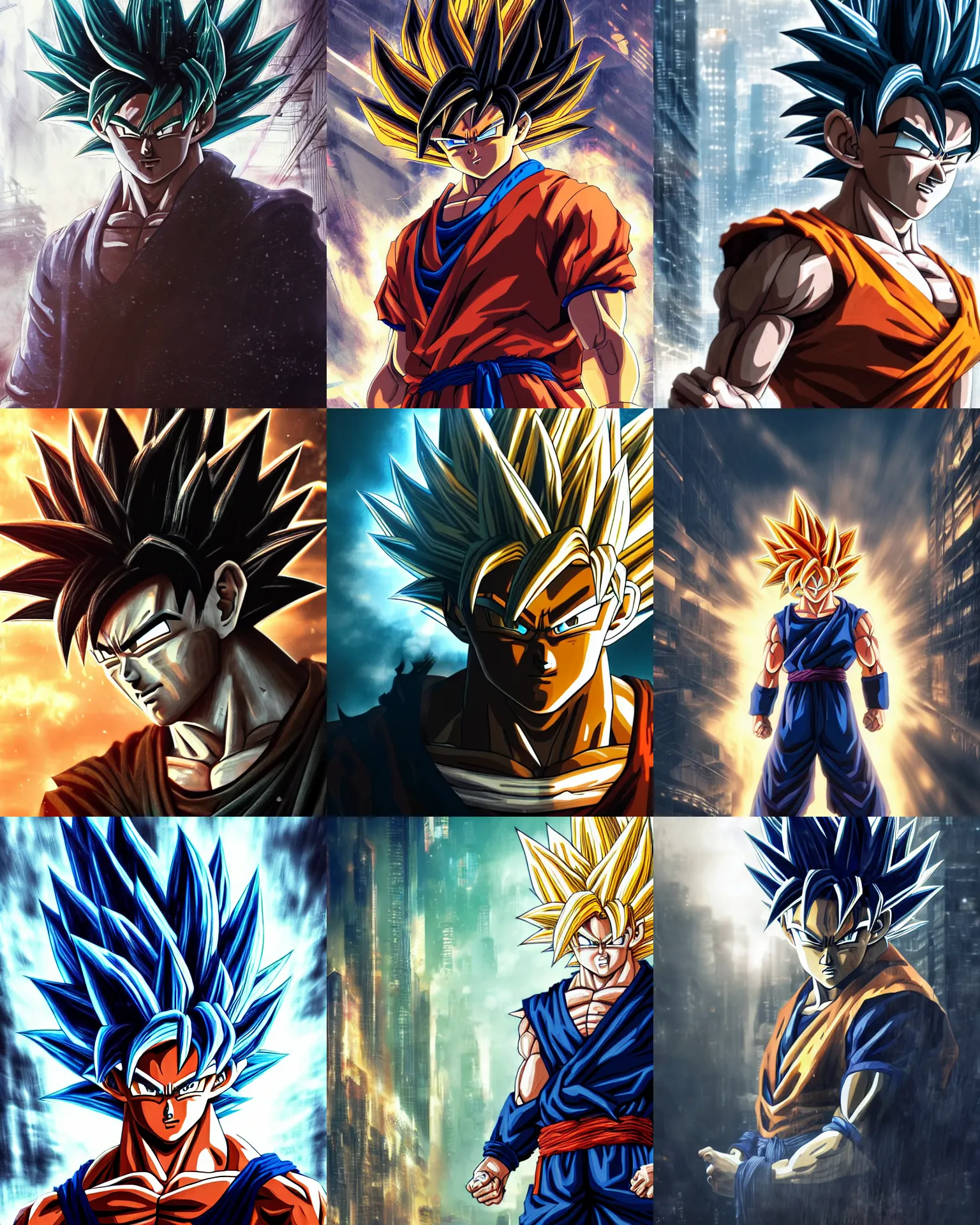 Prompt: super saiyan Goku with wind-like hair posing in Shanghai cyberpunk city, dark, highly detailed face, close-up, fantasy art, male art, in the style of greg rutkowski, illustration, epic, fantasy, intricate, hyper detailed, artstation, concept art, smooth, sharp focus, ray tracing