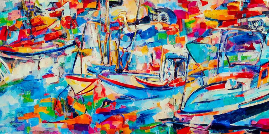 Image similar to abstract maximalist painting, interesting relationship within the composition, gestural lines, maximalism, boats at harbor, white sketchbook style, paint on canvas, power washed texture, masterpiece,