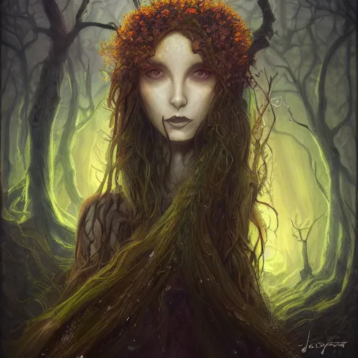 Prompt: portrait of a dryad, inspired by brian froud, inspired by dungeons and dragons, mysterious, fierce expression, yellow catlike eyes, in an evening autumn forest, trending on art station, sunset evening lighting, anime, ominous shadows by jessica rossier