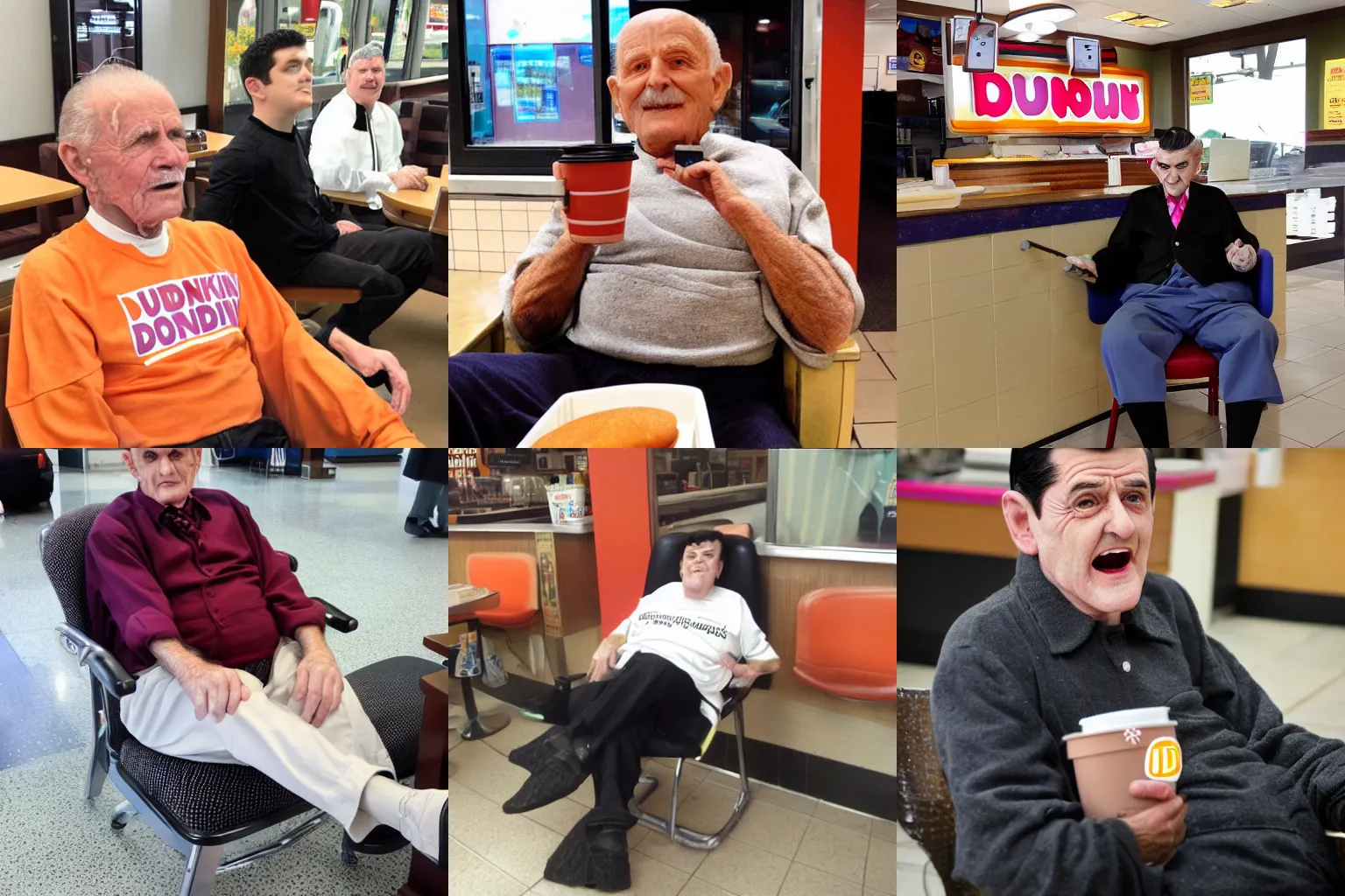 Prompt: Old man as Eddie Munster relaxing in dunkin donuts