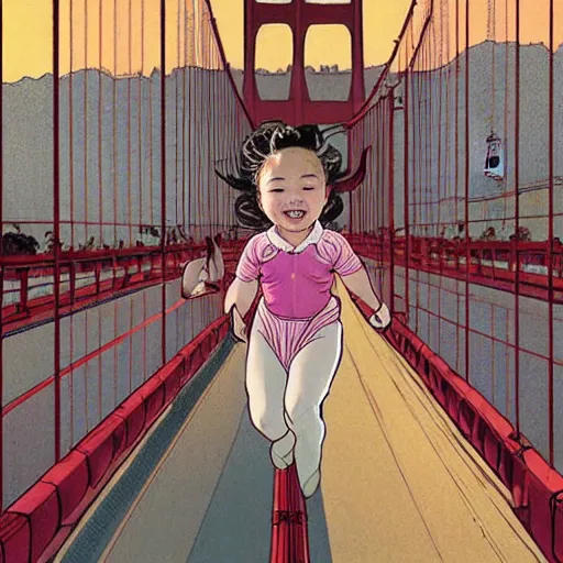 Image similar to a chinese caucasian mixed race hapa five - year - old girl, dressed as a ballerina, balancing on the golden gate bridge, smiling into the camera, portrait, wide shot, sunset illustration, pop art, splash painting, art by geof darrow, ashley wood, alphonse mucha