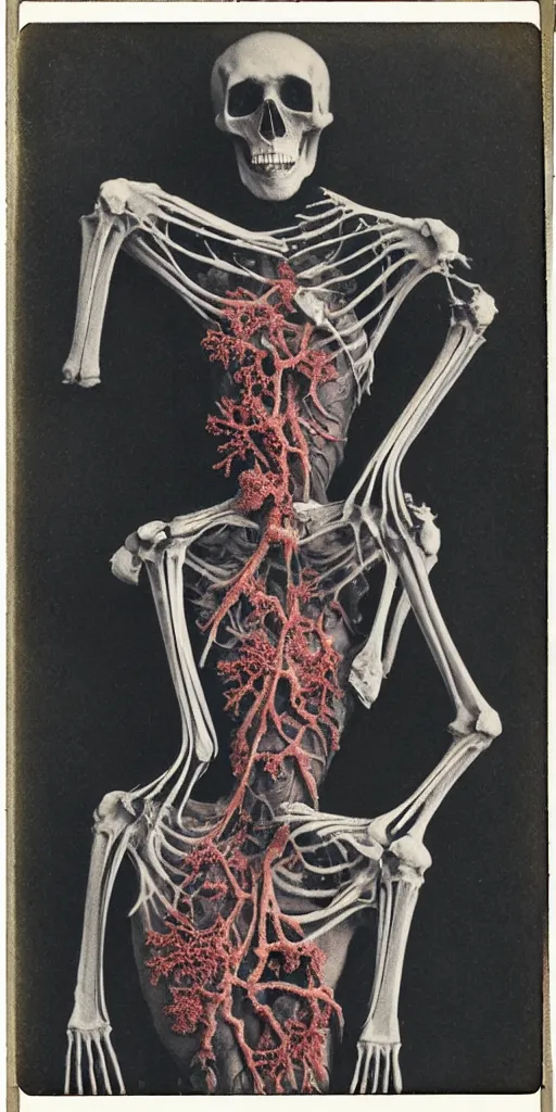 Prompt: an 1 9 1 0 polaroid photography of a very sad and detailed rotten woman corpse with fractal coral reefs and ornate growing all around, muscles, veins, arteries, bones, anatomical, skull, eye, ears, full body, intricate, surreal, ray caesar, john constable, guy denning, dan hillier, black and white