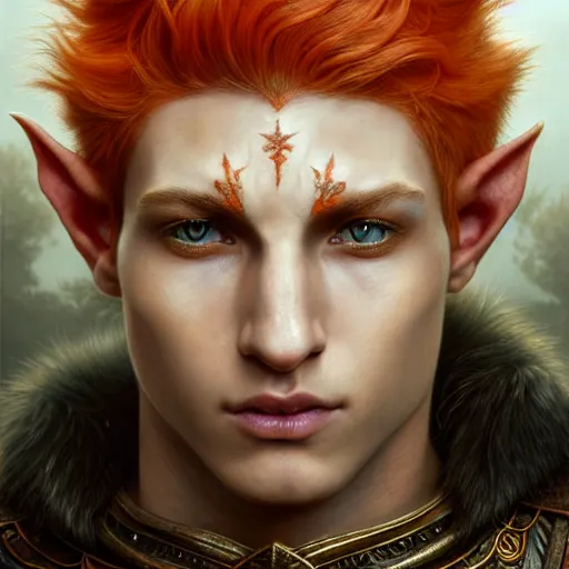 Image similar to portrait painting of an elven male teen with short light orange hair and tribal tattoos on his face wearing fur armor, ultra realistic, concept art, intricate details, eerie, highly detailed, photorealistic, octane render, 8 k, unreal engine. art by artgerm and greg rutkowski and charlie bowater and magali villeneuve and alphonse mucha