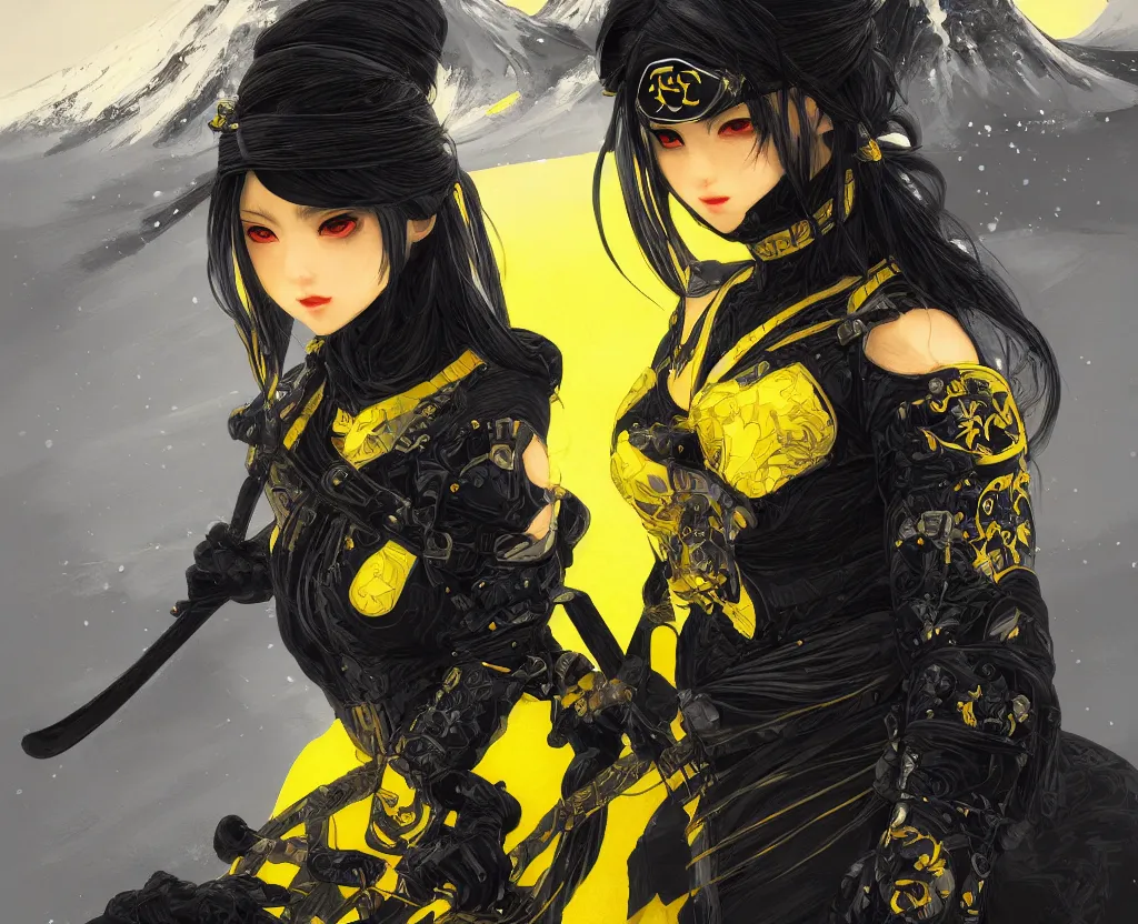 Prompt: portrait ninja gaiden girl, black plus yellow ninja wardrobe, at snowy fuji mountain sunrise, ssci - fi and fantasy, intricate and very very beautiful, detailed, digital painting, artstation, concept art, smooth and sharp focus, illustration, art by tian zi and wlop and alphonse mucha