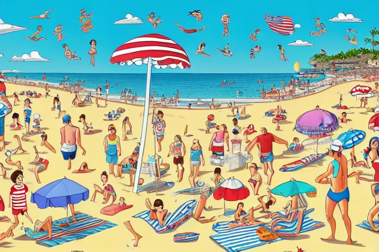 Prompt: a full page spread from the where's waldo at the beach book, waldo in the top right of frame, high detail illustration, coherent