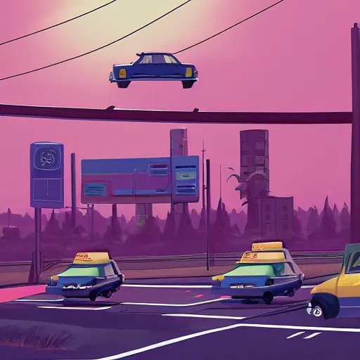 Image similar to car chase in the style of simon stalenhag