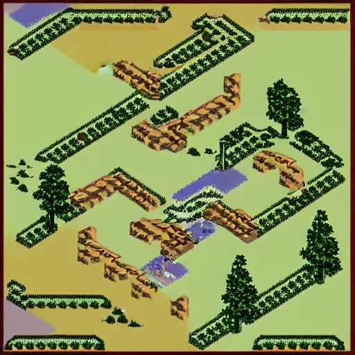 Prompt: isometric battle map of a western prairie, fft, tactics, pixel art