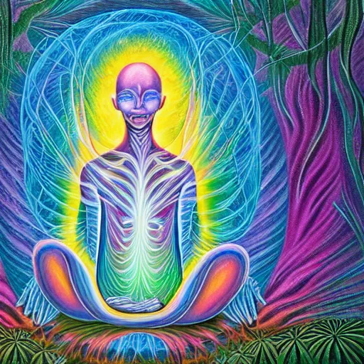 Image similar to painting of a tranquil alien made of light and glows meditating in dense forest by alex grey, acrylic art, ethereal, soothing, somber, elegant, warm light, cozy