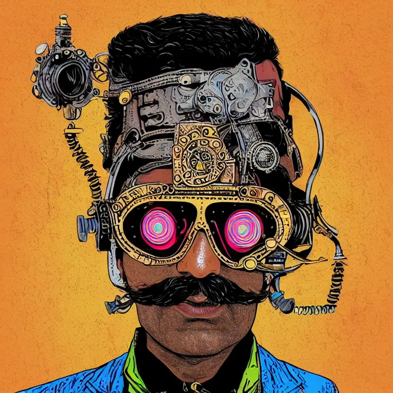 Image similar to face portrait of an indian man with long neon moustache rajasthani pagdi wearing madmax style steampunk goggles and steampunk jewelry, art by butcher billy, sticker, colorful, illustration, highly detailed, simple, smooth and clean vector curves, no jagged lines, vector art, smooth