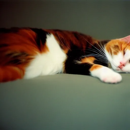 Prompt: a cute calico cat dreaming about taking over the world, 3 5 mm photograph