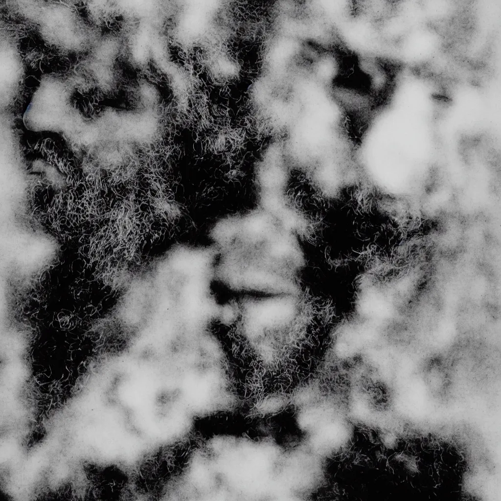 Prompt: An Alec Soth portrait photo of the moon, a cloud of Orson Welles as Falstaff floats in the sky, the moon is wearing several horse-hair wigs, Falstaff's face is also on the moon