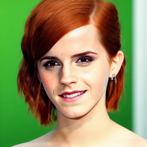 Image similar to redhead emma watson smiling, wearing green latex, close up portrait photo, 8 k,