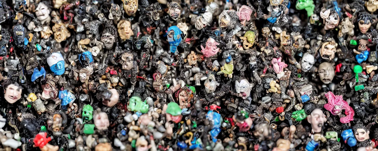 Image similar to a close up of a piece of plastiglomerate made from warhammer figures and korean beauty face masks, photographic, highly detailed