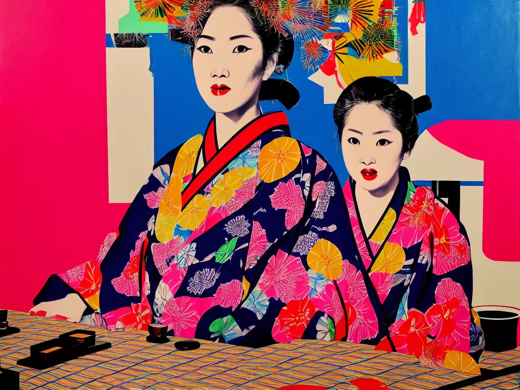 Image similar to hyperrealism composition of the detailed woman in a japanese kimono sitting at a poker table with predaror, fireworks on the background, pop - art style, jacky tsai style, andy warhol style, acrylic on canvas