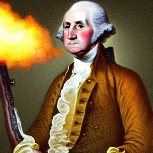 Prompt: dslr photo of George Washington holding his extremely accurately detailed musket with smoke in the background