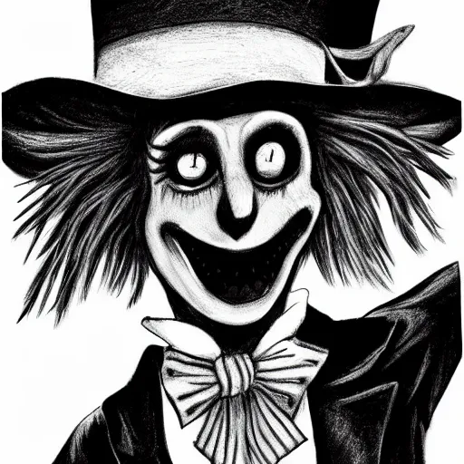 Prompt: a Pop Wonder scary horror themed goofy-hilarious-character Babadook-scarecrow-madhatter-williewonka-wearing a scarf, 3-piece-suit, dime-store-comic drawn with charcoal and pen and ink, half-tone-line-stacking