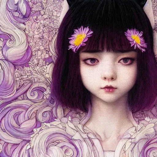 Prompt: white cat girl, botanical, purple hair, portrait face, colorful, frantisek kupka, intricate, miles johnston, kuroda seiki, cynical realism, ozabu, john william godward, painterly, yoshitaka amano, moebius, miles johnston, louise zhang, james jean, mark ryden lowbrow pop surrealism art style