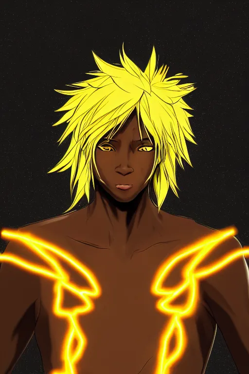 Image similar to golden glowing black male anime character, blonde hair, yellow eyes, symmetrical, highly detailed, digital art, sharp focus, trending on art station, crazy hair, electricity everywhere