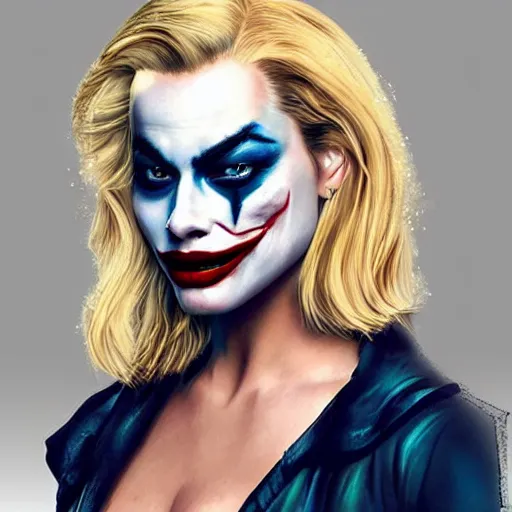 Image similar to beautiful margot robbie with joker makeup, highly detailed, realistic face, digital art