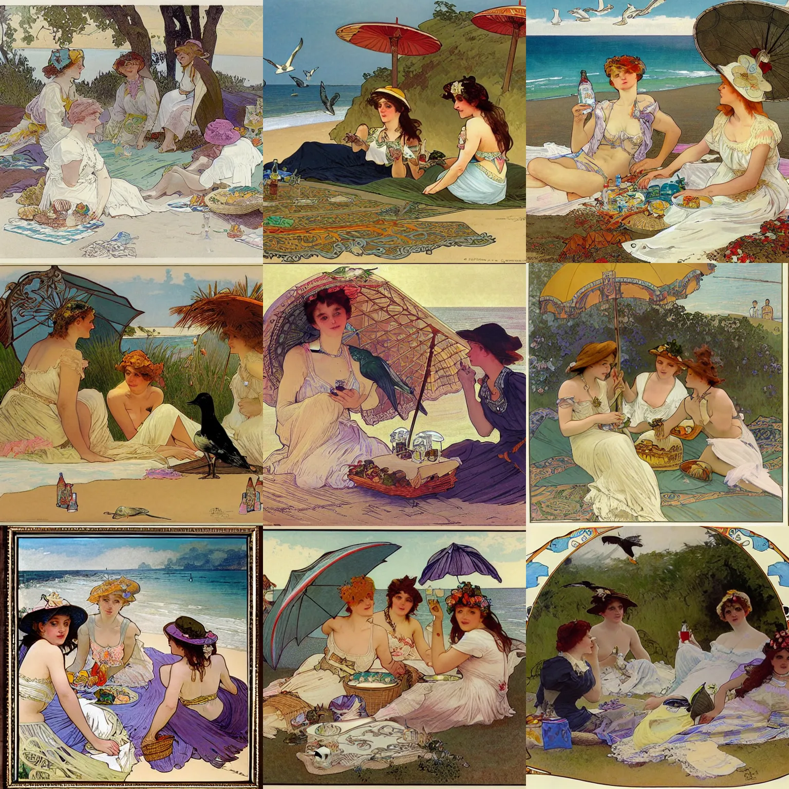 Prompt: victorian women having a picnic on the beach, seagulls, parasols, sandwiches, drinks, swimsuit, sandcastle, birds, illustration by Alphonse Mucha, detailed, dramatic light