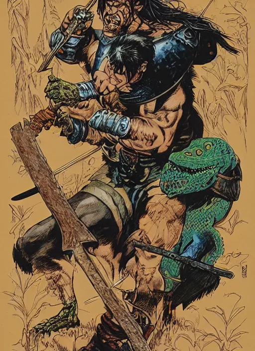 Prompt: Conan the Barbarian wielding an axe against a ferocious lizard, by Michael William Kaluta