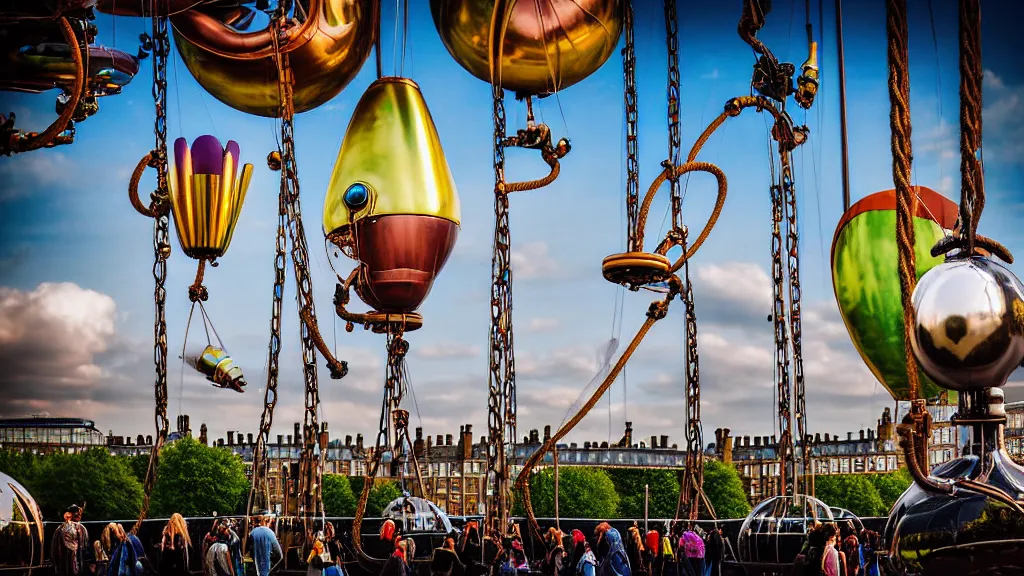 Prompt: large colorful futuristic space age metallic steampunk steam - powered balloons with pipework and electrical wiring around the outside, and people on rope swings underneath, flying high over the beautiful medieval london city landscape, professional photography, 8 0 mm telephoto lens, realistic, detailed, photorealistic, photojournalism