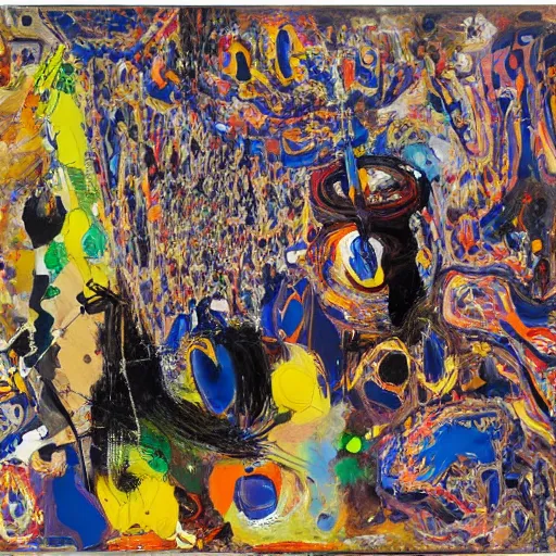 Image similar to _ in _ these _ paintings _ we _ see _ a _ who _ seem _ to _ be _ walking _ in _ circles, happy, painted by asger jorn, 8 k, in the style of ben quilty, oil paint with thick brushstrokes of paint, ultra detailed, realistic, paint drips all over