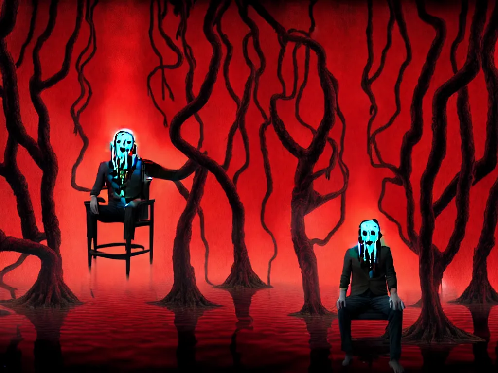 Image similar to a portrait of a man with five heads, twelve arms, sitting on chair made of human limbs, the chair is floating in a lake of blood, around the lake are melting trees, the man's limbs are merging with the trees, digital art, hyperrealistic nightmare scene, supernatural, highly detailed, creepy, terrifying