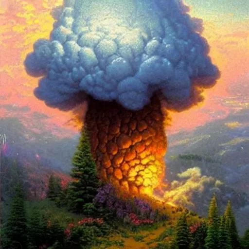 Prompt: thomas kinkade painting of a nuclear mushroom cloud over forested mountains
