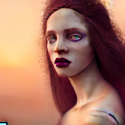 Image similar to photographic portrait of a stunningly beautiful renaissance female in soft dreamy light at sunset, dark lipstick, tribal tattoos, contemporary fashion shoot, by edward robert hughes, annie leibovitz and steve mccurry, david lazar, jimmy nelsson, breathtaking, 8 k resolution, extremely detailed, beautiful, establishing shot, artistic, hyperrealistic, beautiful face, octane render