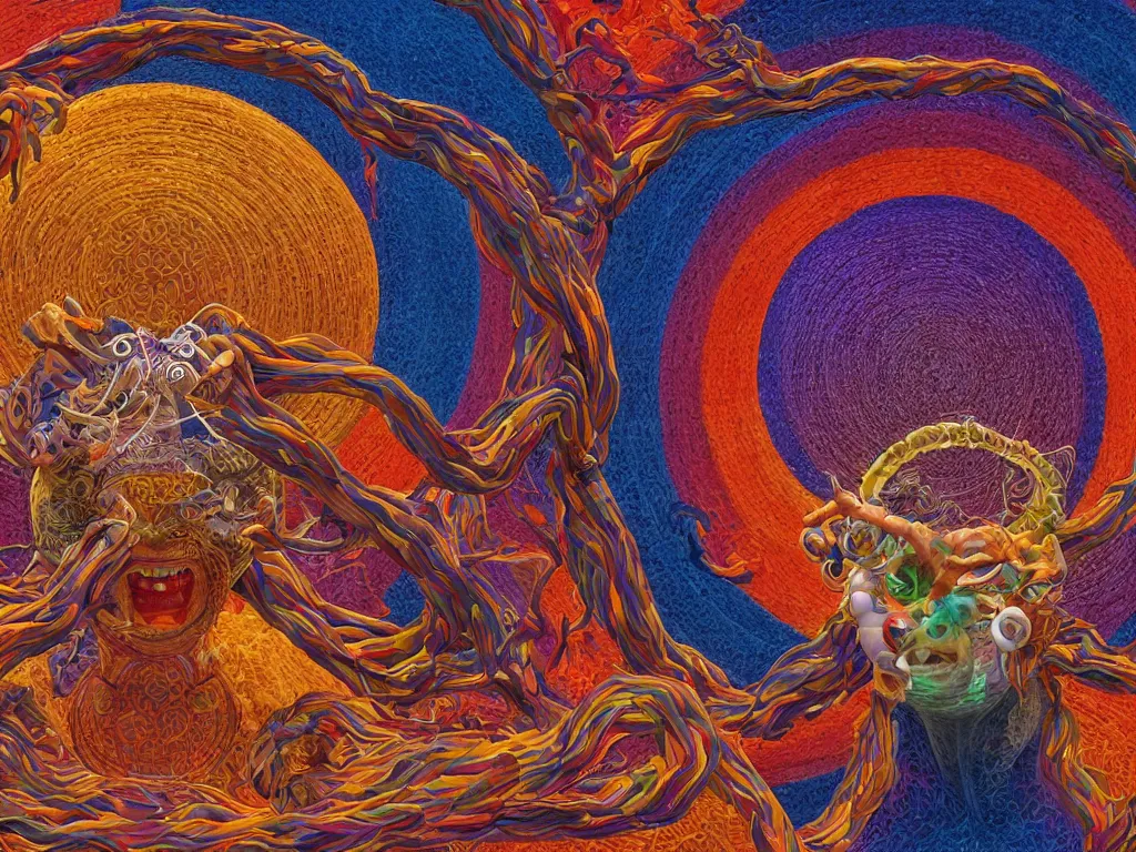 Image similar to the ouroboros is a spheroid region 7 0 5 meters in diameter, 3 d render of a shaman, sunlight study, by octavio ocampo and ( ( ( ( lisa frank ) ) ) ), 8 k, extreme detail, sharp focus, octane render