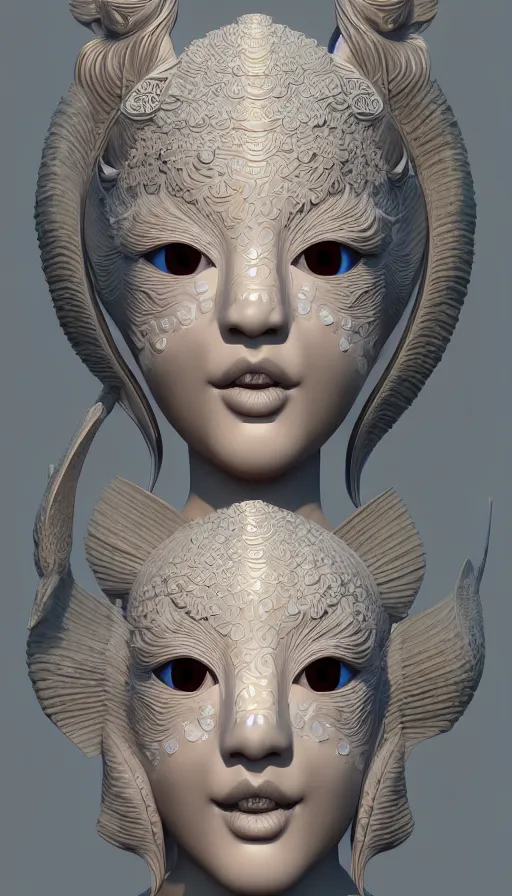 Image similar to 3 d goddess close - up profile portrait. beautiful intricate highly detailed korean gumiho mask and traditional hanbok. stingray magpie, bio luminescent, plasma, ice, water, wind, creature, artwork by tooth wu and wlop and beeple and greg rutkowski, octane 3 d render