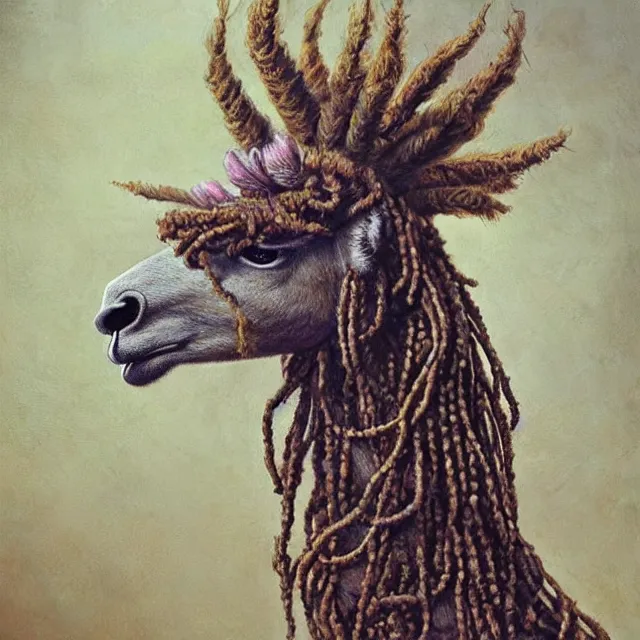 Prompt: llama with dreadlocks, by mandy jurgens, ernst haeckel, james jean. in the style of aqua