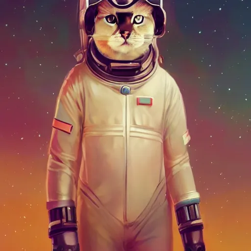 Image similar to head and shoulders masterpiece portrait of a cute adorable cat wearing a spacesuit, surreal background, digital art by krenz cushart, trending on artstation, cgsociety,