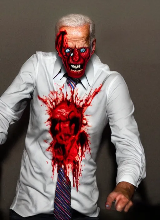 Image similar to hyper realistic terror photo Doom horror furious glowing red eyes biden