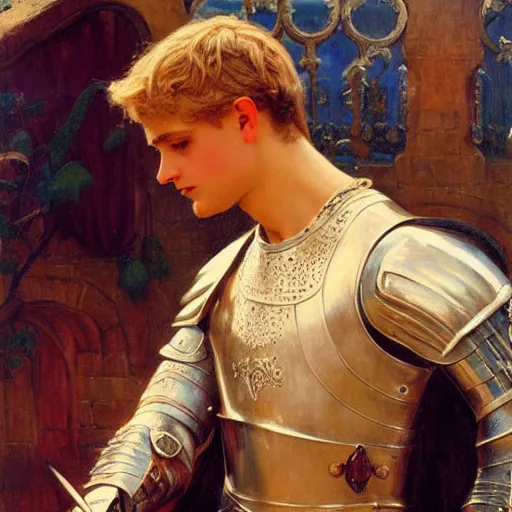 Image similar to attractive fully clothed arthur pendragon confesses his love for his attractive fully clothed male knight. highly detailed painting by gaston bussiere and j. c. leyendecker 8 k