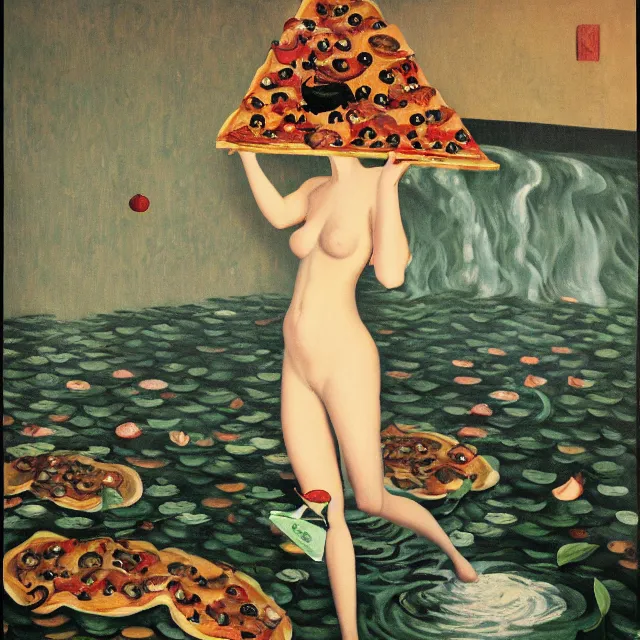 Image similar to tall female catgirl artist holding pizza in her flooded apartment, pomegranates, octopus, water gushing from ceiling, painting of flood waters inside an artist's apartment, a river flooding indoors, mushrooms, ikebana, zen, rapids, waterfall, black swans, canoe, berries, acrylic on canvas, surrealist, by magritte and monet