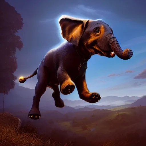 Prompt: dog jumps over hill, dog looks like elephant, intricate, epic lighting, cinematic composition, hyper realistic, 8 k resolution, unreal engine 5, by artgerm, tooth wu, dan mumford, beeple, wlop, rossdraws, james jean, marc simonetti, artstation