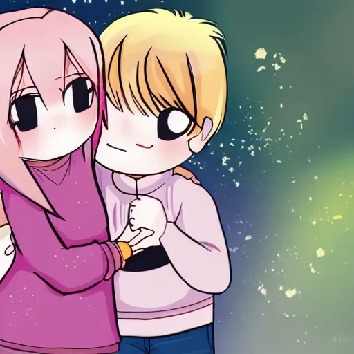 Image similar to a chibi mum with a chibi dad hugging their chibi daugher