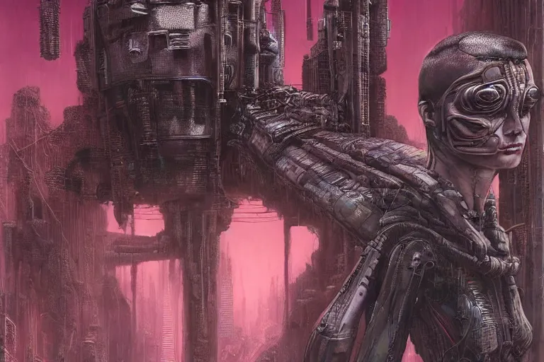 Image similar to highly detailed concept art of neuromancer characters, dystopian post - apocalyptic retrofuturistic neon vibe, an ultrafine detailed painting by hans giger and wayne barlowe, trending on deviantart, pop surrealism, whimsical, lowbrow, perfect symmetrical face, sharp focus, octane, masterpiece