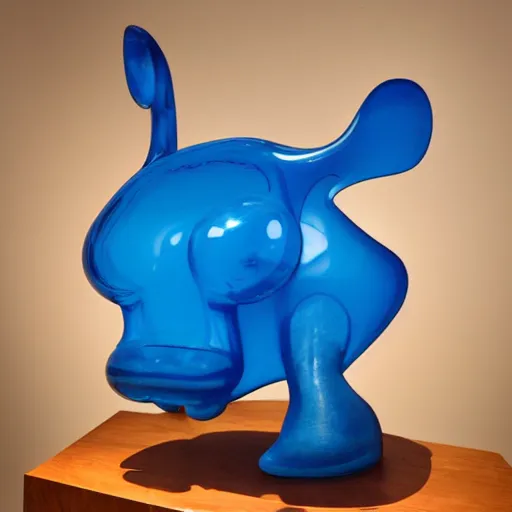 Prompt: a sophie taeuber - arp baby hippopotamus sculpture, by jeff koons, wood, blue epoxy translucent, cubic carved mix