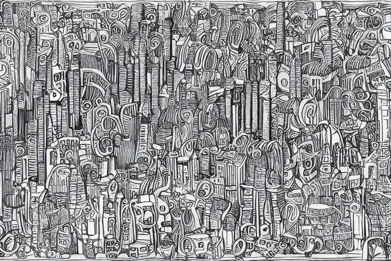 Image similar to an elaborate penned child illustration of a colorful intricate connected city of tubes and pipes, by martin handford and by jan van haasteren