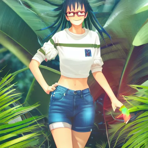 Prompt: nagatoro using white and red tight raglan sleeves, tight blue jeans and cool shoes in a tropical forest, fire hair in flames, artstation, 3 d ray tracing, octane render