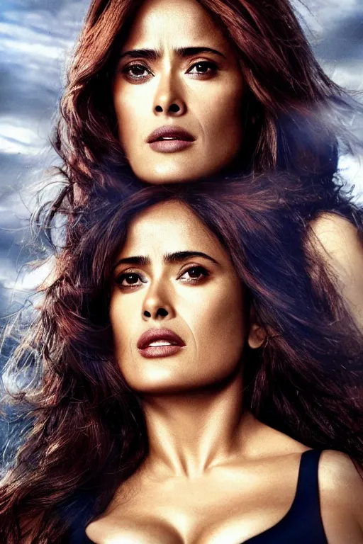 Image similar to salma hayek as black widow in the avengers, portrait realistic photograph, very detailed face