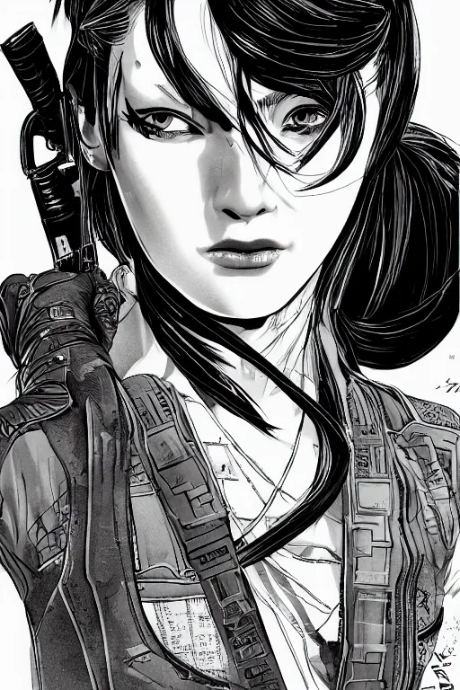 Prompt: heroine, beautiful,vintage ink style, cyberpunk female Ninja,ultra detailed, digital art, 8k ,character ,realistic, portrait, hyperrealistic