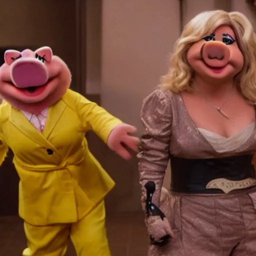 Prompt: Miss Piggy in yellow motorcycle suit swordfighting, Kill Bill, photo, 4k, detailed